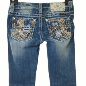 Miss Me‎ Mid Rise Easy Crop Jeans Fleur De Lis Embroidery Style JE8388EC Size 25